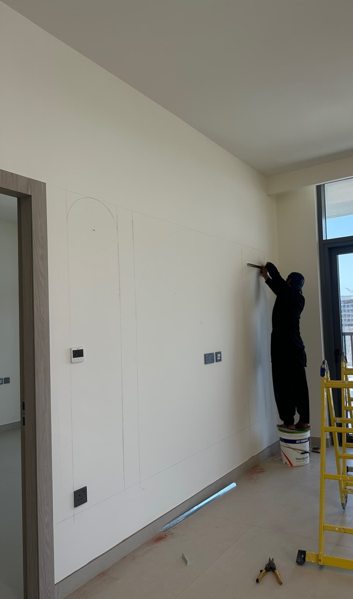 Hadley Height, the arches drawn in pencil on the bare wall during the works